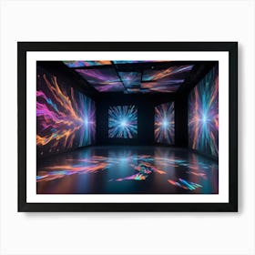 An Empty, Dark Room With A Reflective Floor And Three Screens Displaying Abstract, Colorful, Glowing Patterns Resembling Fireworks Or Galaxies Art Print