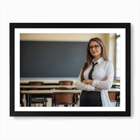 Attractive beautiful woman, young teacher in the classroom Art Print