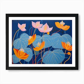 Lotus art deco. Floral art. Dark blue and orange. Living room or bathroom design Art Print