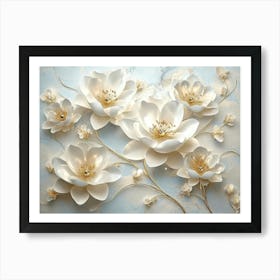 Art 3d White Flowers On Abstract Gray Background 1 Art Print