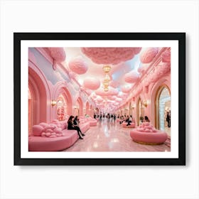 Whimsical Candy Land Themed Mall Corridor With Pink Hues Fluffy Pink Cloud Accents Gold Lined Arch Art Print