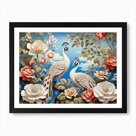 Peacocks And Roses Art Print