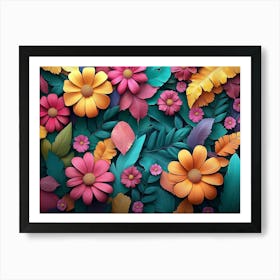 A Vibrant 3d Colorful Flowers and Leaves with A Floral Art Print