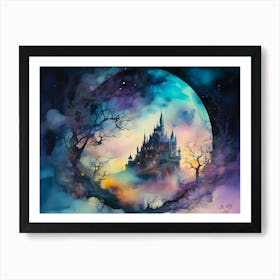 A Magic Castle on a Plateau at Moon Shine - Colorful Water Painting Art Print