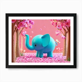 Turquoise Elephant Calf Amidst Pink Floral Blooms In A Whimsical Forest 3d Animation Style Cartoon Art Print