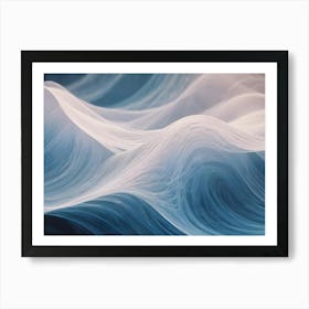 Abstract Flowing Waves Of White And Blue Lines, Resembling Smoke, Fabric, Or Data Streams, Creating A Sense Of Movement, Fluidity, And Elegance Art Print