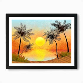 Landscape Illustration Sun Sky Beach Sea Summer Palm Trees Trees Silhouettes Sand Sunset Art Print