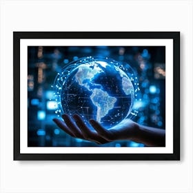 Blue Fingertip On Digital Globe Symbolizing Connection Artificial Intelligence Intertwining With Hu (5) Art Print