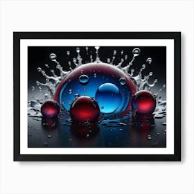 Abstract Image Of Blue And Red Water Droplets, With A Large Red Droplet In The Center, Surrounded By Smaller Droplets Art Print