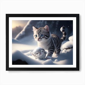 A Kitten Playing In The Snowy Landscape Art Print