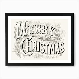 Merry Christmas, Black and White, Vintage Christmas Decor Art Print