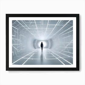 A Woman In A Hooded Jacket Walks Through A Futuristic, White Tunnel With Glowing Lines Of Light, Representing A Journey Into The Unknown Art Print