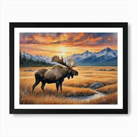 The Heart of the Grasslands Moose At Sunset Art Print