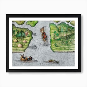 Leaving The River Of May, The French Discover Two Other Rivers ; Six Other Rivers Discovered By The French Illustration From Grand Voyages (1596) Art Print