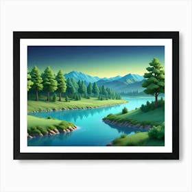 3d Digital Art Of A Peaceful, Serene Landscape With A River Winding Through A Green Valley Surrounded By Mountains Art Print