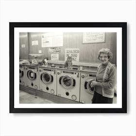 Lady And Cats In A Launderette Art Print