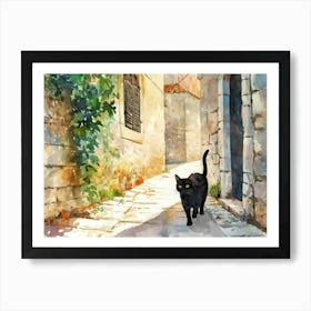 Split, Croatia   Cat In Street Art Watercolour Painting 2 Art Print