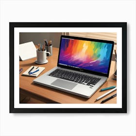 A Laptop With A Colorful Abstract Image On The Screen Is On A Wooden Table With Pencils, Pens, And Other Stationery Art Print