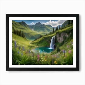 Waterfall In Lush Green Mountains With Wildflowers And Lake Art Print