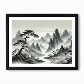 An Asian Mountain Landscape Depicted In The Traditional Chinese Ink Painting Art Print