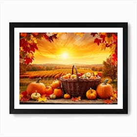 Autumnal Farm Landscape Pumpkins And Cornstalks Surround A Rustic Wooden Basket Filled With Apples (1) 2 Art Print