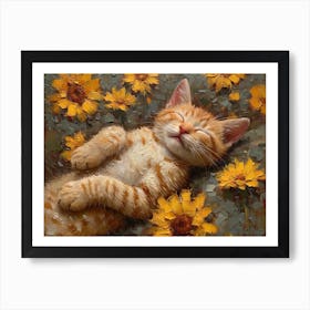 Whiskered Masterpieces: A Feline Tribute to Art History: Cat Sleeping With Sunflowers Art Print