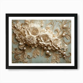 Ornate 3d Featuring a Cascade of Pearl Flowers Over a Vintage European Tapestry Art Print