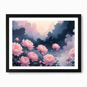 A Whimsical Illustration Of Pink Peonies Blooming Against A Dreamy, Starry Night Sky With Soft Clouds Art Print