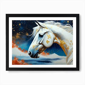 White Horse At The Beach By Night as a Quality Impressionism Abstract Brushstroke Art Print