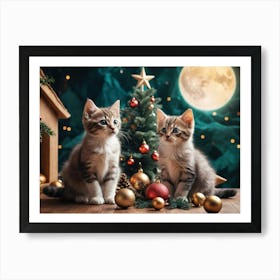 Christmas Kittens under Full Moon Art Print