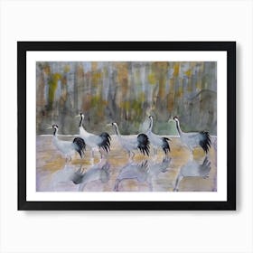 Grey cranes in the autumn forest camouflage Art Print