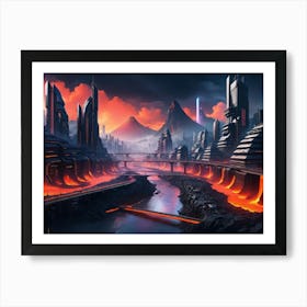 Cyberpunk city with lava and river 2 Poster