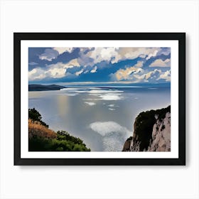 Coastal Landscape with Dramatic Clouds near Capo Caccia Sardinia. A black and white photograph captures a breathtaking coastal landscape. The sky is dominated by a dramatic expanse of dark, swirling clouds, casting shadows over the calm, reflective water below. A sliver of sunlight peeks through the clouds, illuminating the water with a shimmering, ethereal glow. In the distance, a rugged coastline stretches out, disappearing into the hazy horizon. 1 Art Print