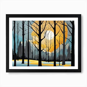 Winter Forest 1, Forest, sunset,   Forest bathed in the warm glow of the setting sun, forest sunset illustration, forest at sunset, sunset forest vector art, sunset, forest painting,dark forest, landscape painting, nature vector art, Forest Sunset art, trees, pines, spruces, and firs, black, blue and yellow Art Print