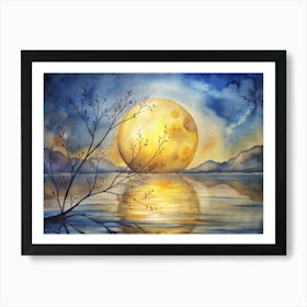 A Golden Moon Reflecting On The Calm Waters With Art Print