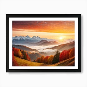 Autumn Landscape Panoramic View Of The Tatra Mountains Leaves In Vivid Shades Of Red Orange And (3) Art Print