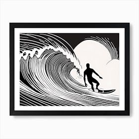 Linocut Black And White Surfer On A Wave art, surfing art, 245 Art Print