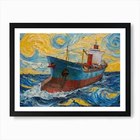 An Old Rusted Ship Floating On Top Of Blue Water Art Print