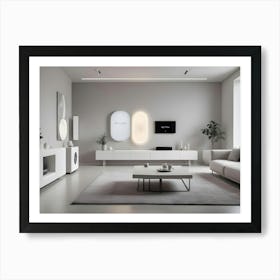 A Modern Living Room With A White Sofa, A Coffee Table, A Tv, And Accent Lighting, Creating A Minimalist And Sophisticated Design Art Print