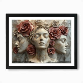 3D art with Three Women With Roses. women's faces made from clay Art Print