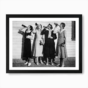 Four Women Drinking Beer, Black and White Vintage Prohibition Old Photo, Bar Cart Decor Art Print