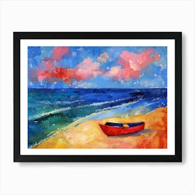 Red Boat On The Beach Oil Painting Art Print