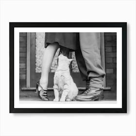 White Cat Looking at Couple Kissing, Vintage Black and White Old Photo Art Print