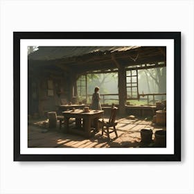 A Woman Stands In The Doorway Of A Rustic Cabin, Looking Out At A Lush, Sun Drenched Forest Art Print