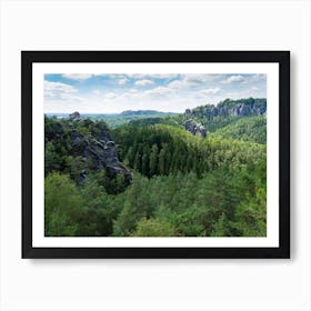 Sandstone rocks and green forest near the Bastei in Saxon Switzerland Art Print