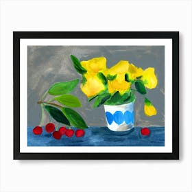 Yellow Flowers And Cherries - still life yellow red blue Art Print