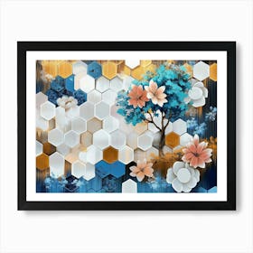 Abstract With White Lattice Tiles, Turquoise Tree, And Dynamic Blue Hexagons On A Floral Art Print