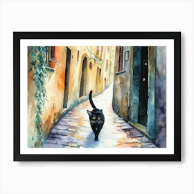 Black Cat In Turin, Italy, Street Art Watercolour Painting 3 Art Print