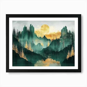 Contemporary 3d With An Abstract Depiction Of A Dark Green And Golden Forest Art Print