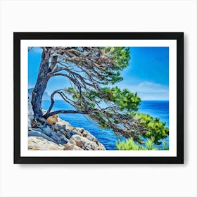 Mediterranean Coastline. A lone tree with thick, gnarled branches leans dramatically over a rocky cliff, its green foliage framing a breathtaking view of the azure Mediterranean Sea. The sky is a vibrant blue, contrasting with the deep blue of the water. The rocky terrain suggests a rugged and wild coastline, while the tree's graceful form adds a touch of serenity to the scene. Art Print